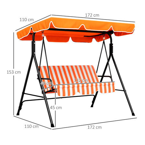 Outsunny 3 Seater Garden Swing Chair, Outdoor Swing Chair with Adjustable Canopy, Mental Frame & Cushions, Orange