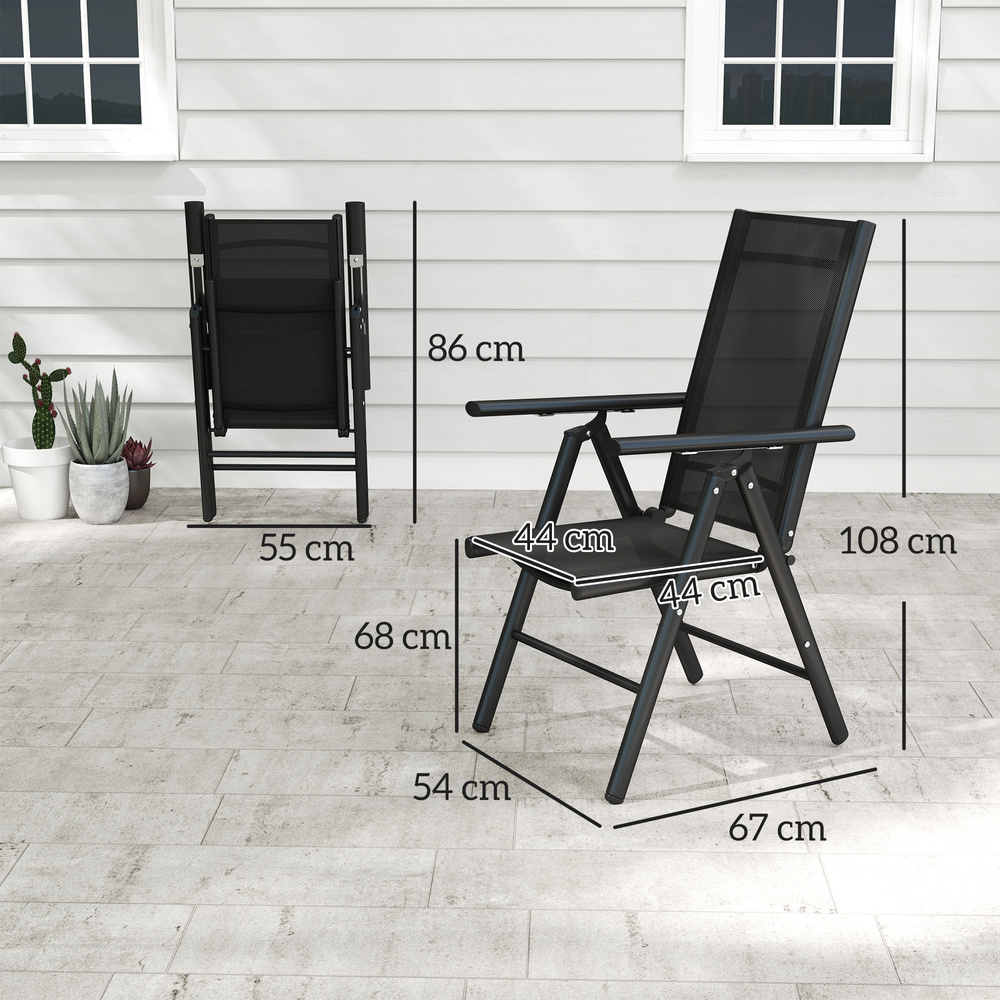 Outsunny Set of 2 Folding Garden Chairs, Aluminium Frame Outdoor Dining Chairs with Breathable Mesh Back and Seat, Garden Folding Chair Set with Armrests for Balcony, Black