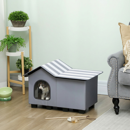 PawHut Outdoor Cat House, Weather Resistant Feral Cat Cave with Elevated Base and Cushion for Winter, Grey