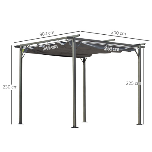 Outsunny 3 x 3(m) Metal Retractable Pergola, Garden Gazebo Metal Pergola Canopy Outdoor Sun Shade Shelter for Party BBQ, Grey