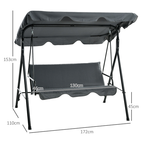 Outsunny 3 Seater Garden Swing Chair, Outdoor Swing Chair with Adjustable Canopy, Mental Frame & Cushions, Grey
