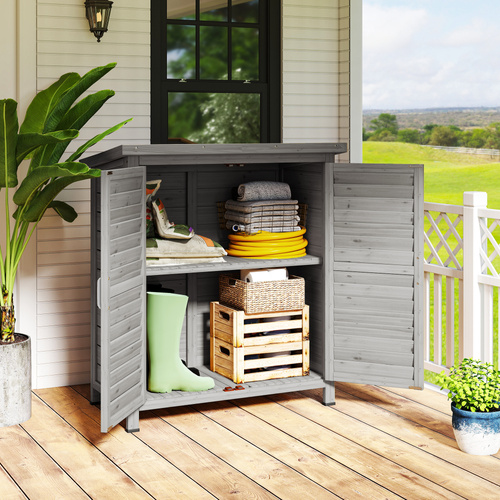 Outsunny Garden Shed Wooden Garden Storage Shed 2 Door Unit Solid Fir Wood Garage Tool Organisation Cabinet, 87L x 46.5W x 96.5Hcm, Grey