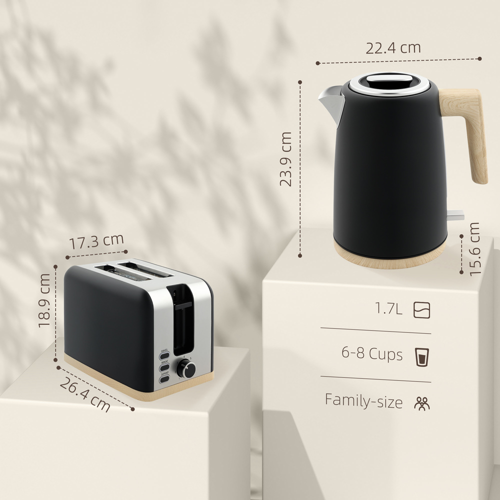 HOMCOM Stainless Steel Kettle and Toaster Set, 1.7L 3000W Fast Boil Kettle & 2 Slice Toaster Kitchen Set with 7 Level Browning Controls, Defrost, Reheat, Auto Off, Boil-dry Protection, Black