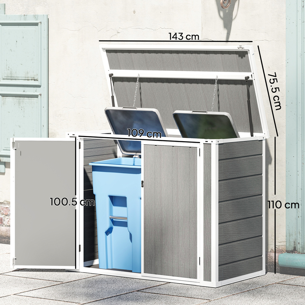Outsunny 4.7 x 2.5FT Garden Shed, Double Bin Storage Shed with Lockable Doors, Outdoor Small Shed with Openable Lid for 2 Trash Cans, Garden Tools, Grey