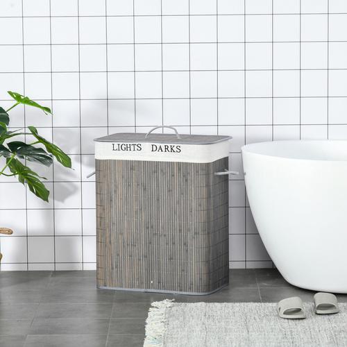 HOMCOM 100L Laundry Basket with Lid String Handles, 2 Section Collapsible Hamper Removable Lining Foldable Water-Resistant Dirty Clothes Storage, Grey