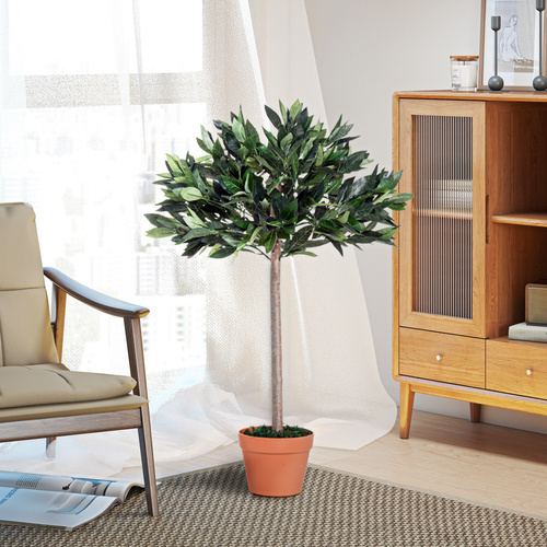 Outsunny 3ft Artificial Laurel Tree Indoor Plant Greenery for Home Office Potted in An Orange Pot