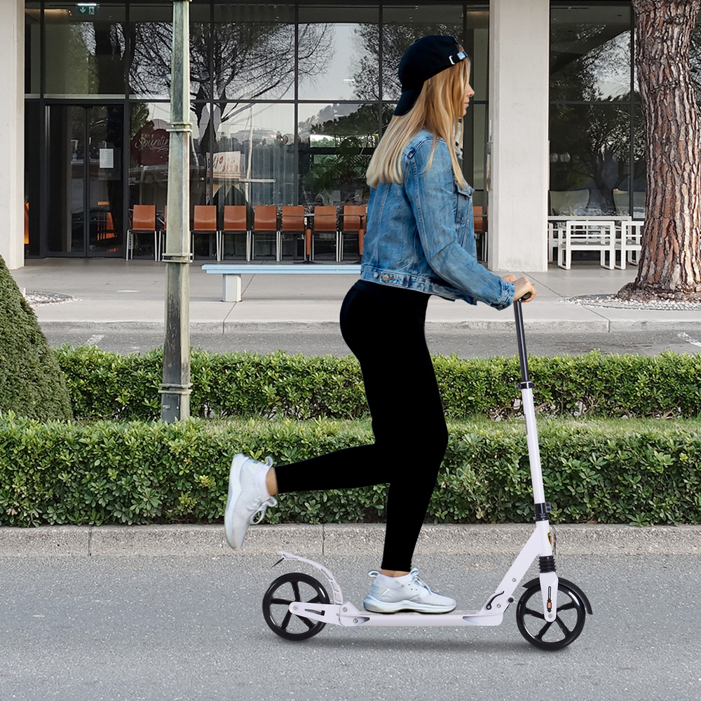 HOMCOM Folding Kick Scooter, Adjustable Ride On Scooter with 200mm Big Wheels and Double Shock Absorption, Urban Scooter for 14+ Teens Adult, White