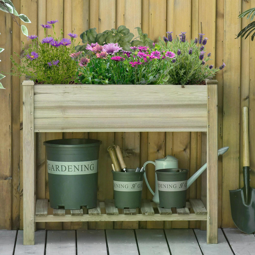 Outsunny Garden Wooden Planters, Raised Garden Bed with Legs and Storage Shelf Elevated Wooden Planter Box