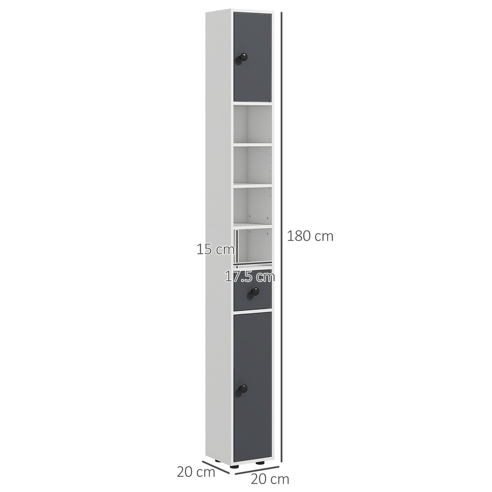 kleankin 180cm Slim Bathroom Cabinet, with Drawer, Shelves and Cupboards - Grey