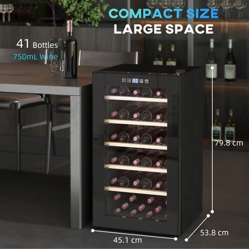 HOMCOM 41 Bottle Wine Fridge, 91 Litre Capacity, 45cm Freestanding Wine Cooler Fridge with Glass Door, LED Light, Digital Touch Screen, Temperature Control, Black