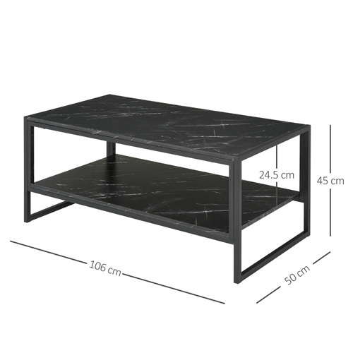 HOMCOM Coffee Table, Two-Tier Faux Marble Effect Centre Table with Metal Frame and Storage Shelf for Living Room, 106 x 50 x 45cm, Black
