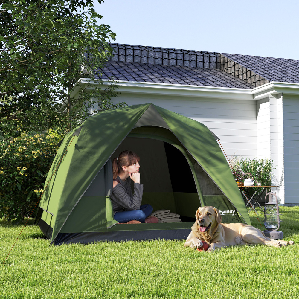 Outsunny 3-4 Person Camping Tent, Easy Set Up Waterproof Dome Tent with Sewn-in Groundsheet, Mesh Windows, Pocket and Hook for Camping, Hiking, Backpacking, Olive Green and Grey