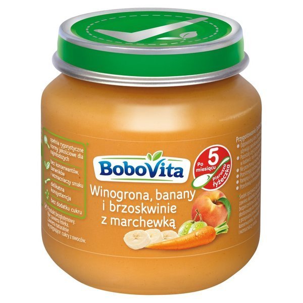 BoboVita Deser Przecier Winogrona Banany i Brzoskwinie z Marchewką dla Niemowląt po 5 Miesiącu 125g