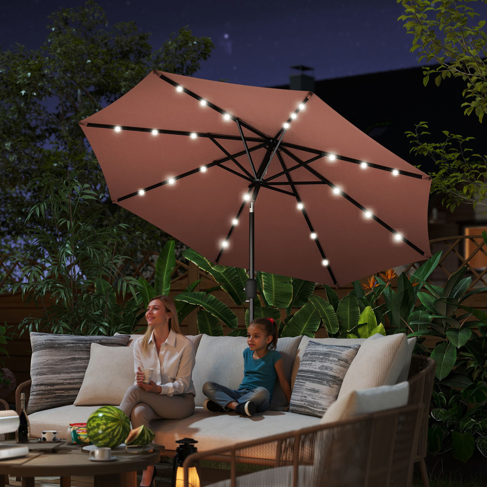 Outsunny Φ2.7m Garden 24 LED Light Parasol Solar Outdoor Tilt Sun Umbrella Patio Club Party Event Manual Sun Shade w/ Hand Crank and 8 Ribs, Brown