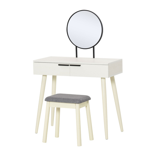 HOMCOM Modern Dressing Table with Round Mirror and Stool, Makeup Vanity Table with 2 Drawers for Bedroom, Living Room, 80 x 40 x 123 cm, White