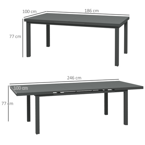 Outsunny Aluminium Garden Table for 6-8, 246 cm Extending Outdoor Dining Table Rectangle for Patio, Balcony - Charcoal Grey