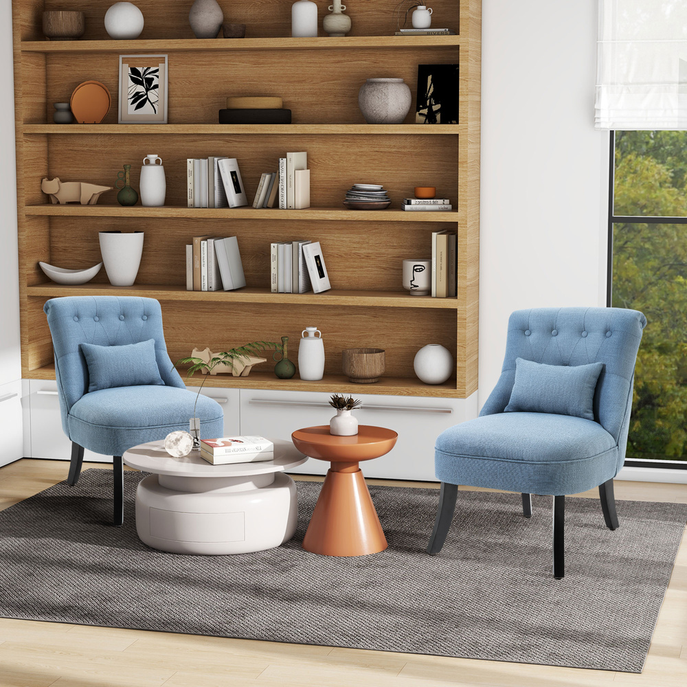HOMCOM Tub Chair, Armless Single Sofa, Modern Button Tufted Armchair, Upholstered Linen Fabric Longue Accent Chair for Living Room, Bedroom, Set of 2, Blue