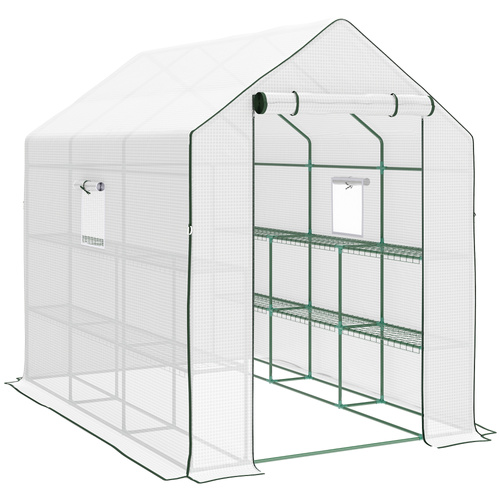 Outsunny Walk-in Greenhouse with 3 Tier 12 Shelves, Small Greenhouse with Reinforced PE Cover, Garden Plant Growhouse with Roll-up Door and Three Mesh Windows, 140 x 213 x 190 cm, White