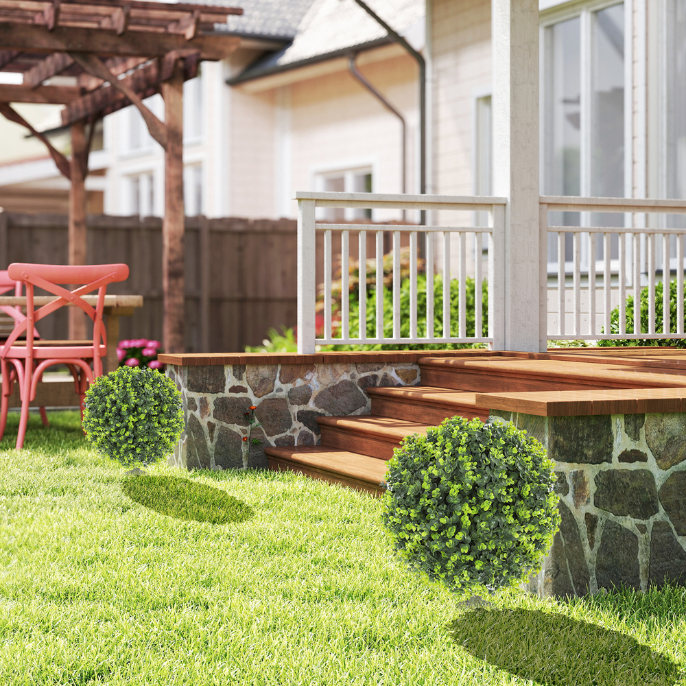 HOMCOM Set of 2 40 cm Artificial Boxwood Topiary Ball Bush with Integrated Ground Stake, Indoor Outdoor UV Resistant Faux Greenery, Faux Plants for Garden, Porch, Balcony