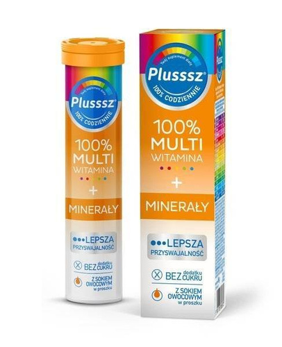 Plusssz 100% Multiwitamina + Minerały Tabletki Musujące o Smaku Mango Pomarańcza 20szt