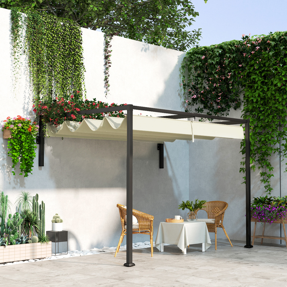 Outsunny 2 x 3(m) Lean To Steel Pergola, with Moving Fabric Canopy - Khaki