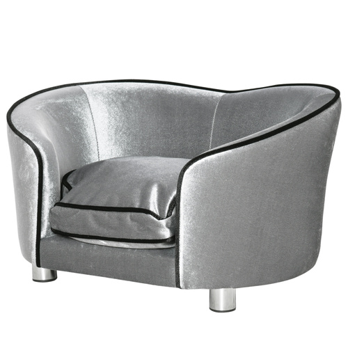 PawHut Dog Sofa Pet Chair, Kitten Bed Couch w/ Wooden Frame, Removable Cushion - Silver-Tone and Grey