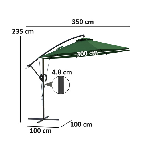 Outsunny 3(m) Garden Cantilever Parasol with Cover and Wind Protection Strap, Round Overhanging Umbrella with Crank Handle and Tilt, Banana Patio Umbrella for Outdoor Sun Shade, UPF50+, Green