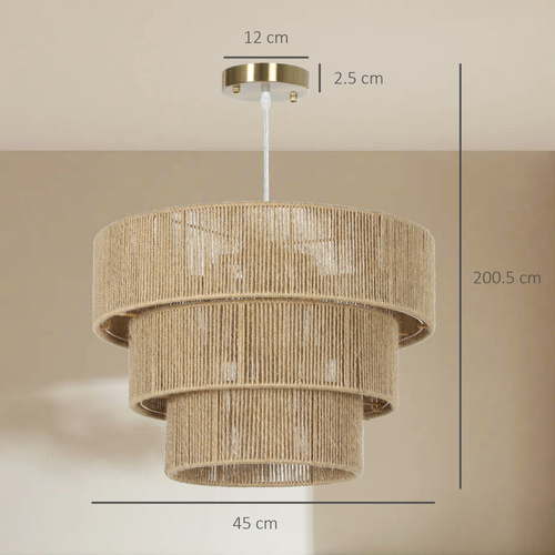 HOMCOM Hemp Rope Ceiling Light, 3-Layer Boho Pendant Light, 4 x E14 Vintage Ceiling Lamp Fixtures for Living Room, Bedroom, Kitchen, Hallway, Light Brown