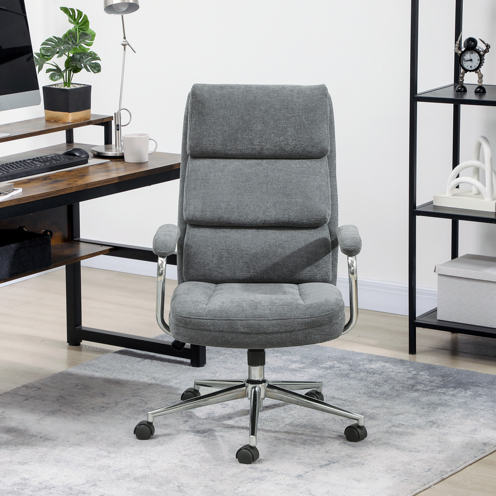 HOMCOM Executive Office Chair, Linen Fabric Computer Desk Chair with Double-Layer Back Cushion, Rocking Function, Height Adjustable for Home, Charcoal Grey