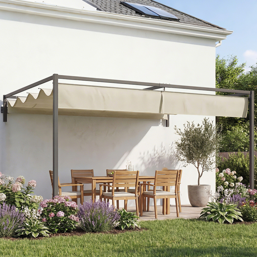 Outsunny 3 x 4m Steel Pergola, with Retractable Canopy - Khaki