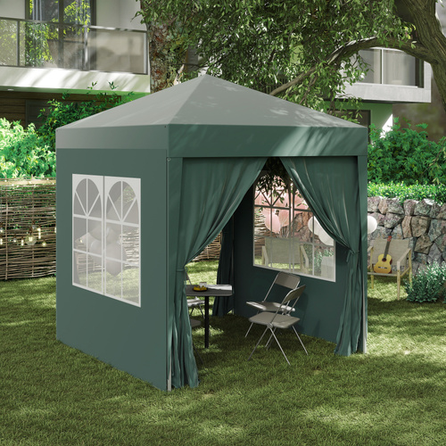 Outsunny 2 x 2 m Garden Pop Up Gazebo, Wedding Party Tent Marquee, Water Resistant Awning Canopy with Sidewalls, Windows, Carry Bag, Green