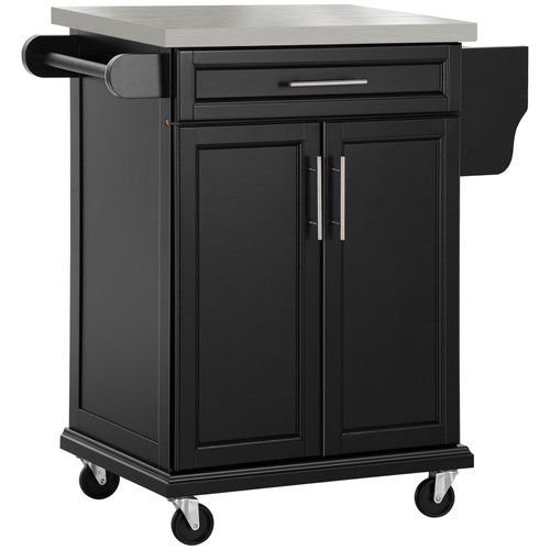 HOMCOM Wooden Kitchen Island on Wheels, Serving Cart Storage Trolley with Stainless Steel Top, Drawer, Side Handle and Rack, Black