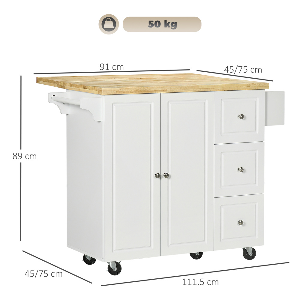 HOMCOM Kitchen Island on Wheels, Rolling Kitchen Storage Trolley with Drop Leaf, Drawers, Towel and Spice Rack, White