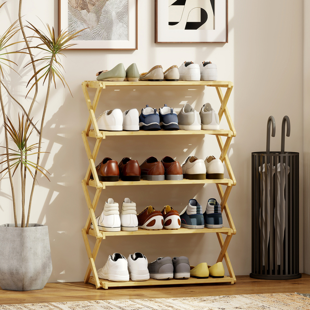 HOMCOM Five-Tier Folding Bamboo Shoe Rack - Natural Finish