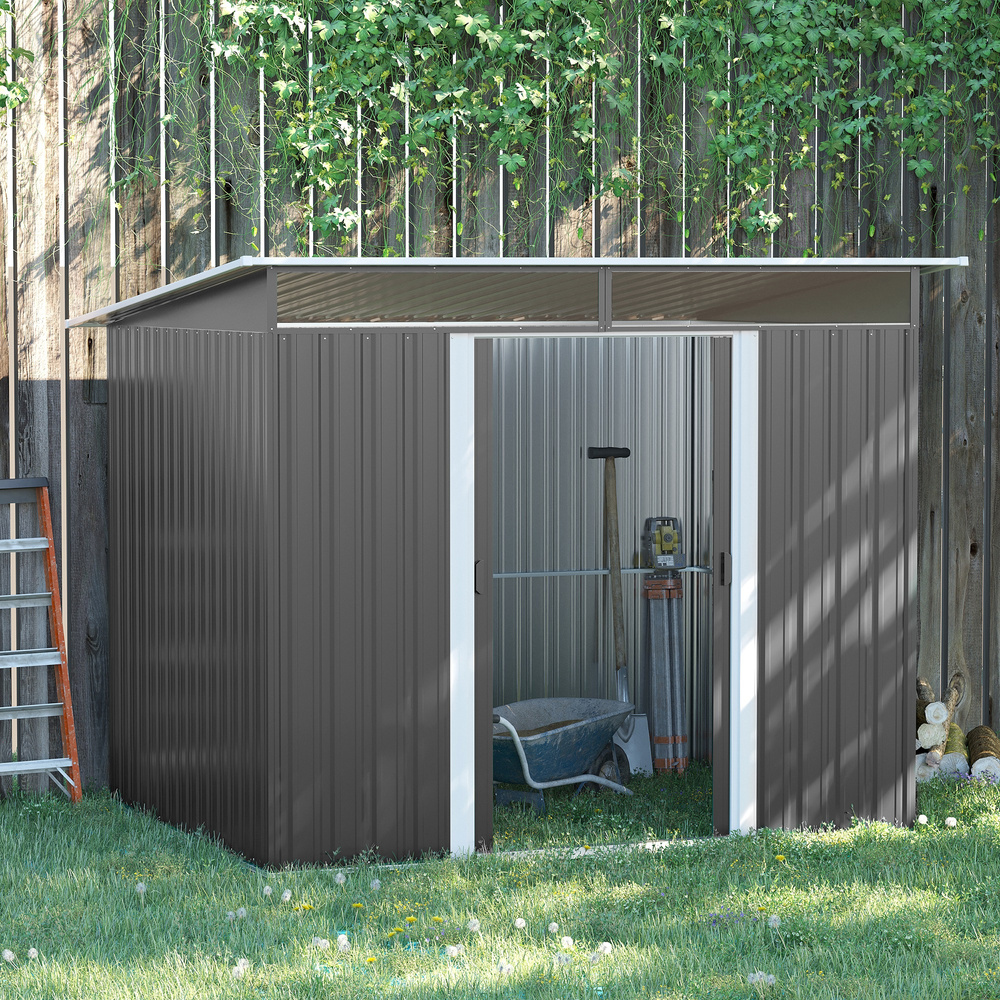 Outsunny 6x8 Metal Garden Shed, Sloped Roof Shed with Ventilation & Storage Solutions, Grey