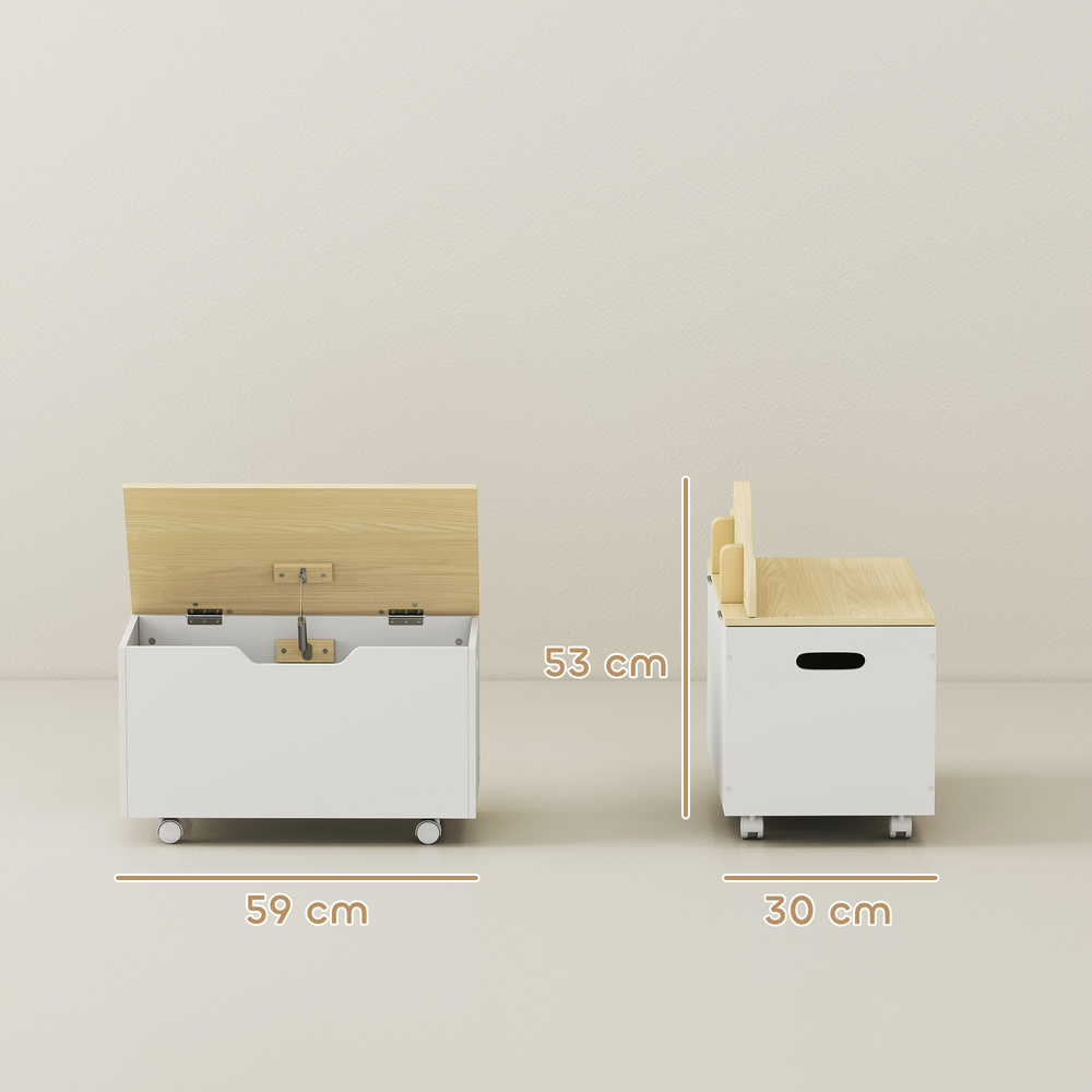 AIYAPLAY Toy Box with Lid, Toy Chest with Wheels and Safety Hinges, Toddler Storage Organiser for Playroom, Bedroom, White