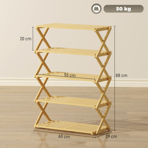 HOMCOM Five-Tier Folding Bamboo Shoe Rack - Natural Finish