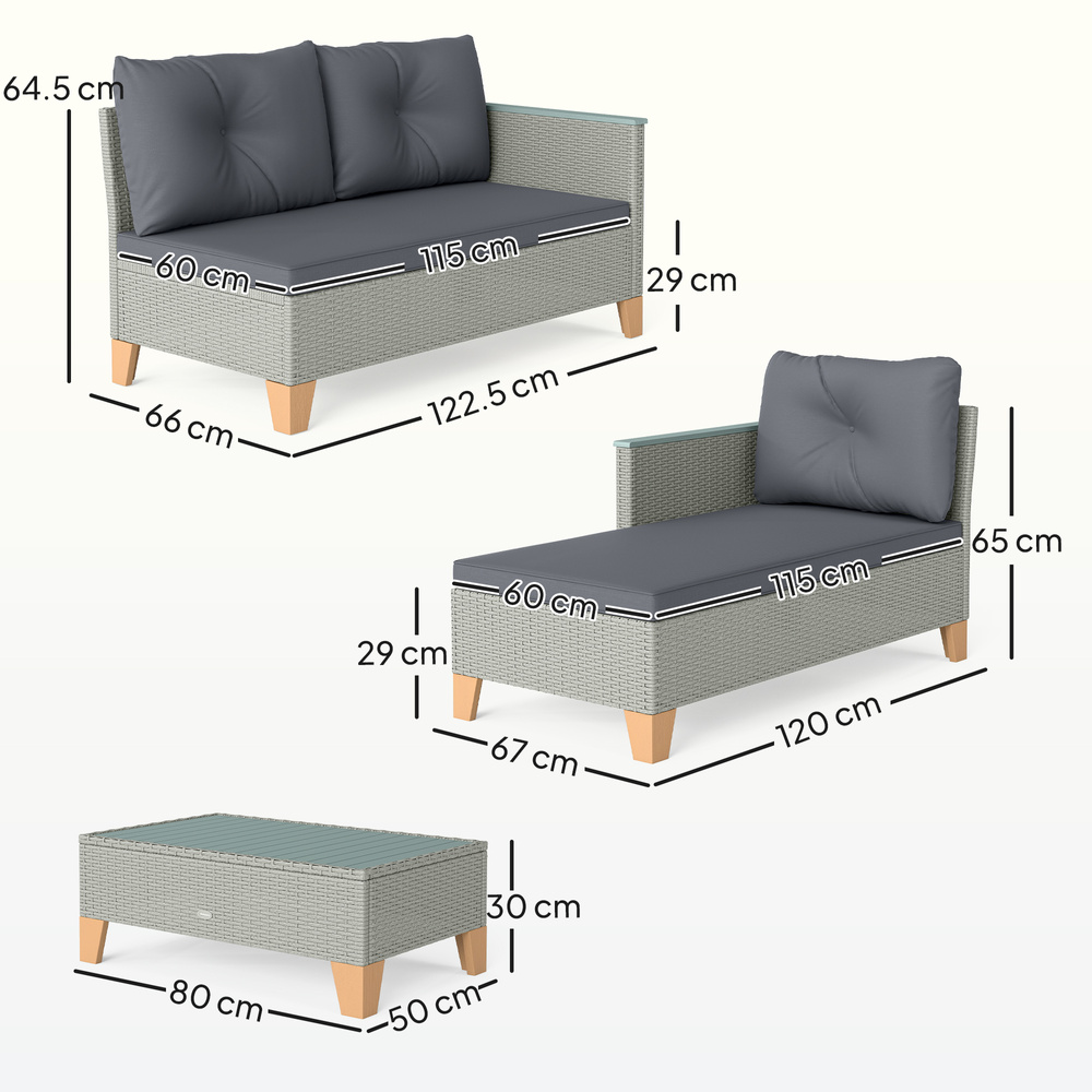 Outsunny 3 Pieces Rattan Garden Furniture Set, L Shaped Garden Conversation Chaise Lounge Furniture with Wood Top Coffee Table and Thick Cushions, Charcoal Grey