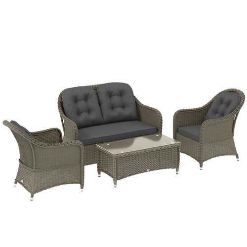 Outsunny Four-Piece Rattan Sofa Set, with Glass-Top Table - Light Grey