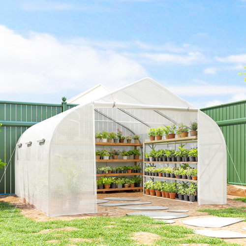 Outsunny 3.5 x 3 x 2m, Walk-In Polytunnel Greenhouse Warm House Garden Tunnel Shelter Plant Shed, White