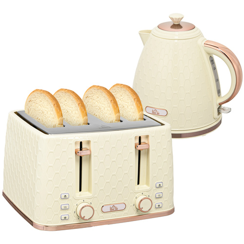 HOMCOM Kettle and Toaster Set, 1.7L 3000W Fast Boil Jug Kettle, 4 Slice Toaster with 7 Level Browning Controls, Beige