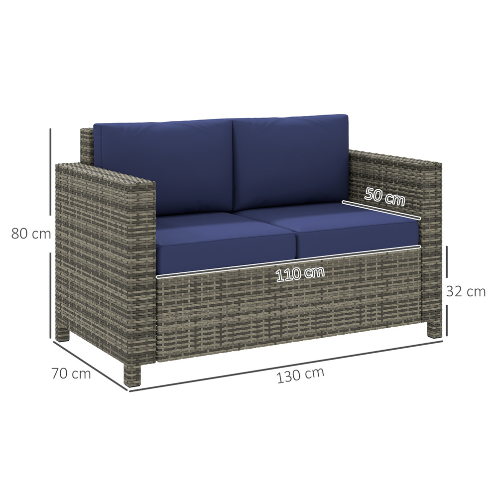 Outsunny Rattan Sofa, 2 Seater Garden Furniture with Soft Padded Cushion and Armrests, Wicker Garden Loveseat for Patio, Navy Blue