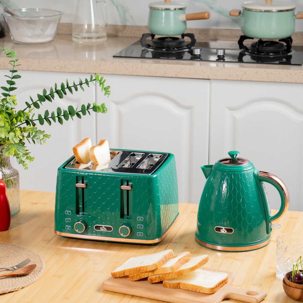 HOMCOM Kettle and Toaster Set, 1.7L 3000W Fast Boil Jug Kettle with Auto Shut Off, 4 Slice Toaster with 7 Level Browning Controls & Crumb Tray, UK Otter Thermostat, Green