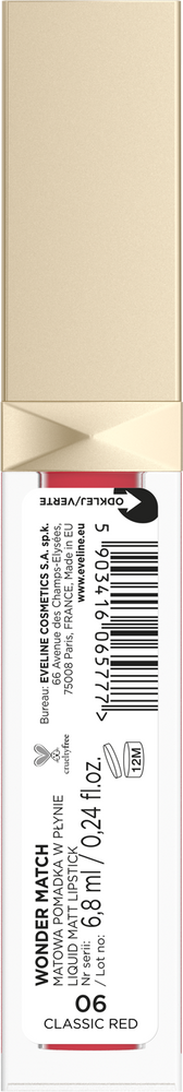 Eveline Wonder Match Nawilżająca Matowa Pomadka w Płynie 06 Classic Red 6.8ml