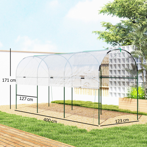 Outsunny Tunnel Tomato Greenhouse with 4 Hoops and Top Tap, Pointed Bottom and Guy Ropes, 400 x 123 x 171 cm, Clear