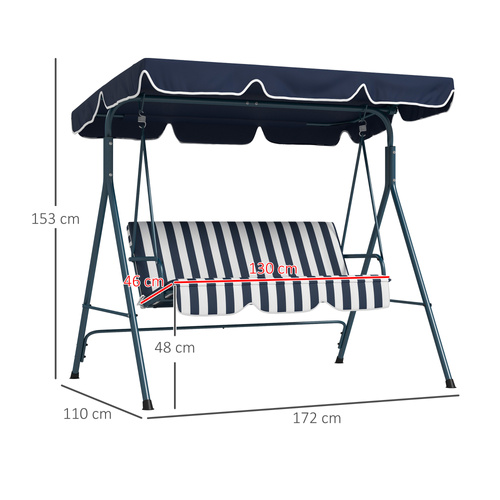 Outsunny 3 Seater Garden Swing Chair, Outdoor Swing Chair with Adjustable Canopy, Mental Frame & Cushions, Blue