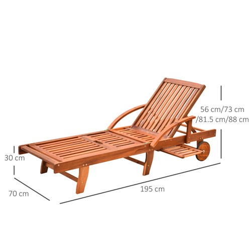 Outsunny Folding Wooden Sun Lounger, 4-Level Adjustable Garden Lounger Recliner with Side Tray and Wheels, Outdoor Reclining Sunbed with Slatted Seat and Armrests for Patio, Terrace, Teak