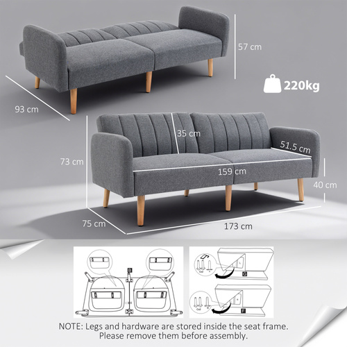 HOMCOM 3 Seater Sofa Bed, Convertible Linen Fabric Sofa Couch, Click Clack Sofabed with Adjustable Split Backrest for Living Room, Bedroom, Guest Room, Grey