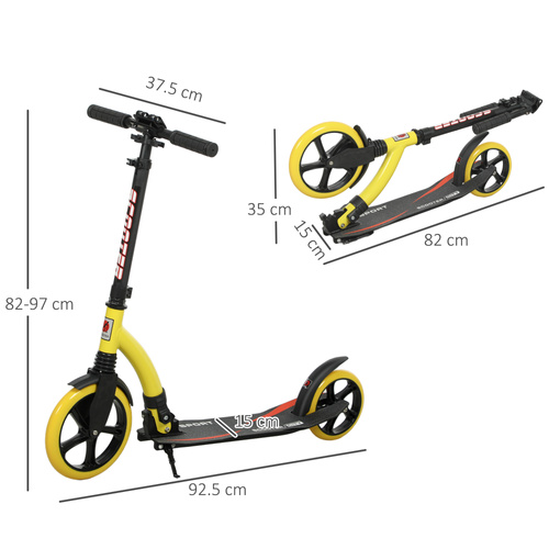 HOMCOM Foldable Kick Scooter with Double Shock Absorption and Big Wheels, Height Adjustable Aluminium Frame Big Wheel Scooter for 14+ Teens Adult - Yellow
