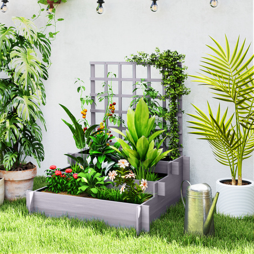 Outsunny 3 Tier Garden Planters with Trellis for Vine Climbing, Wooden Raised Beds, 95x95x110cm, Grey